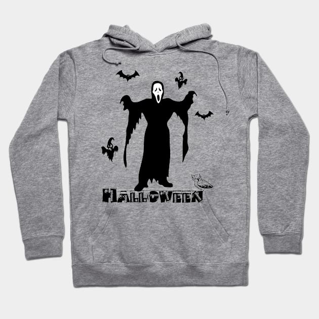 Halloween Scary Death Face, Scary Ghosts And Bats Black And White Graphic Design, Halloween Party, October 31st Holidays Hoodie by Modern Art